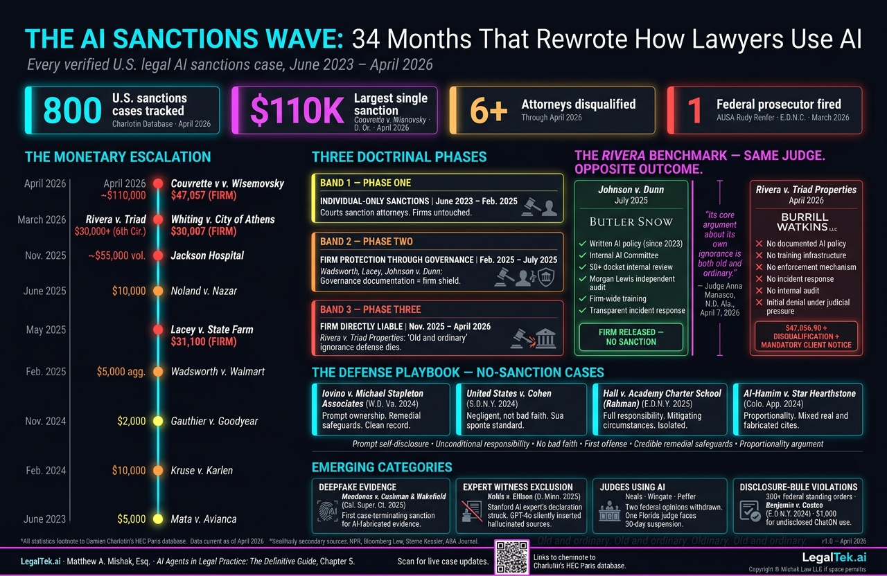 The AI Sanctions Wave: 34 months that rewrote how lawyers use AI — infographic charting 800 U.S. sanctions cases, $110K largest single sanction, 6+ attorneys disqualified, three doctrinal phases, the Rivera benchmark, defense playbook, and emerging categories from June 2023 to April 2026.